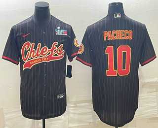 Mens Kansas City Chiefs #10 Isiah Pacheco Black Pinstripe With Super Bowl LVII Patch Cool Base Stitched Baseball Jersey->kansas city chiefs->NFL Jersey